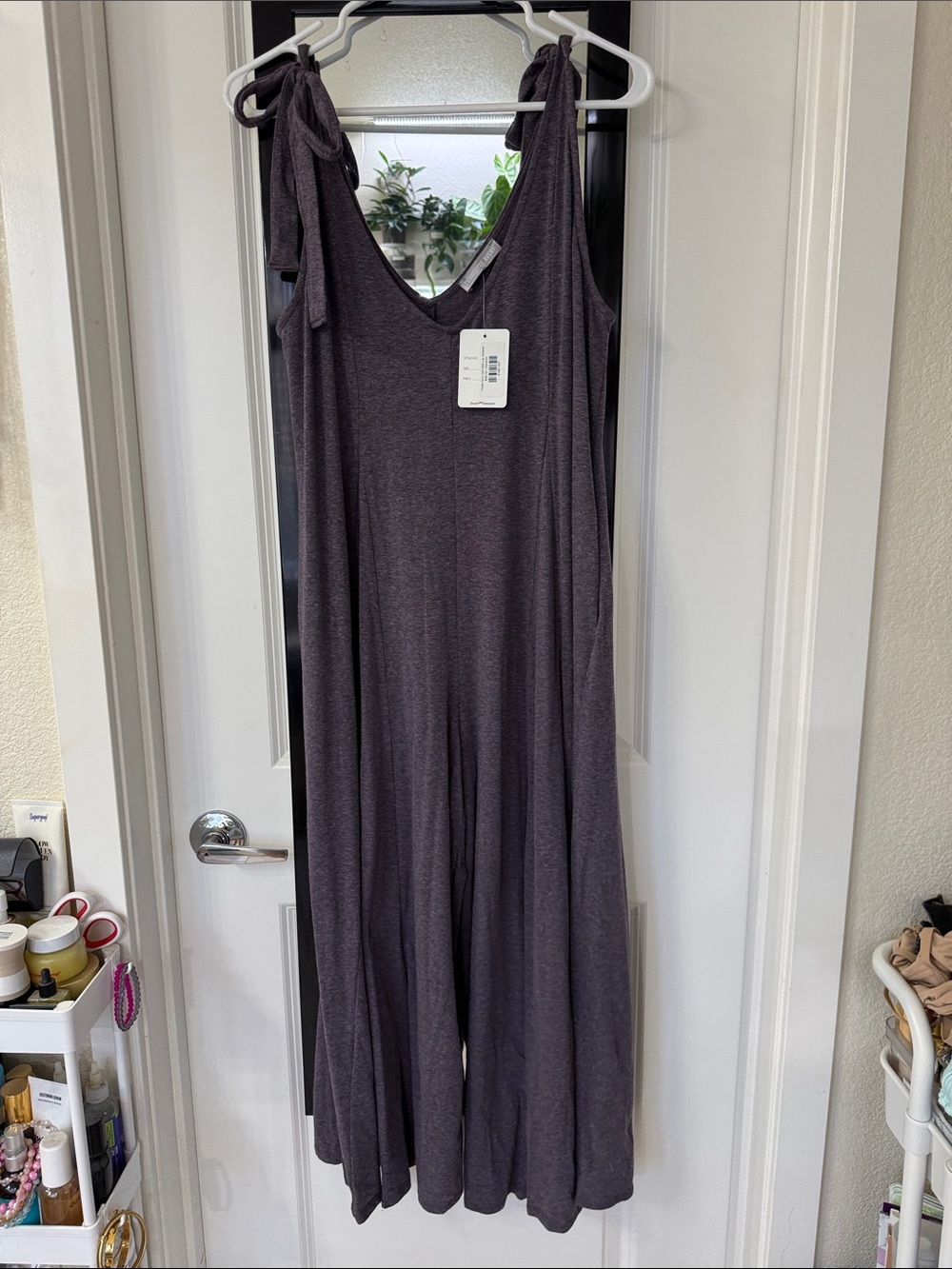 Tie-Shoulder Wide-Leg Jumpsuit in Purple Terry